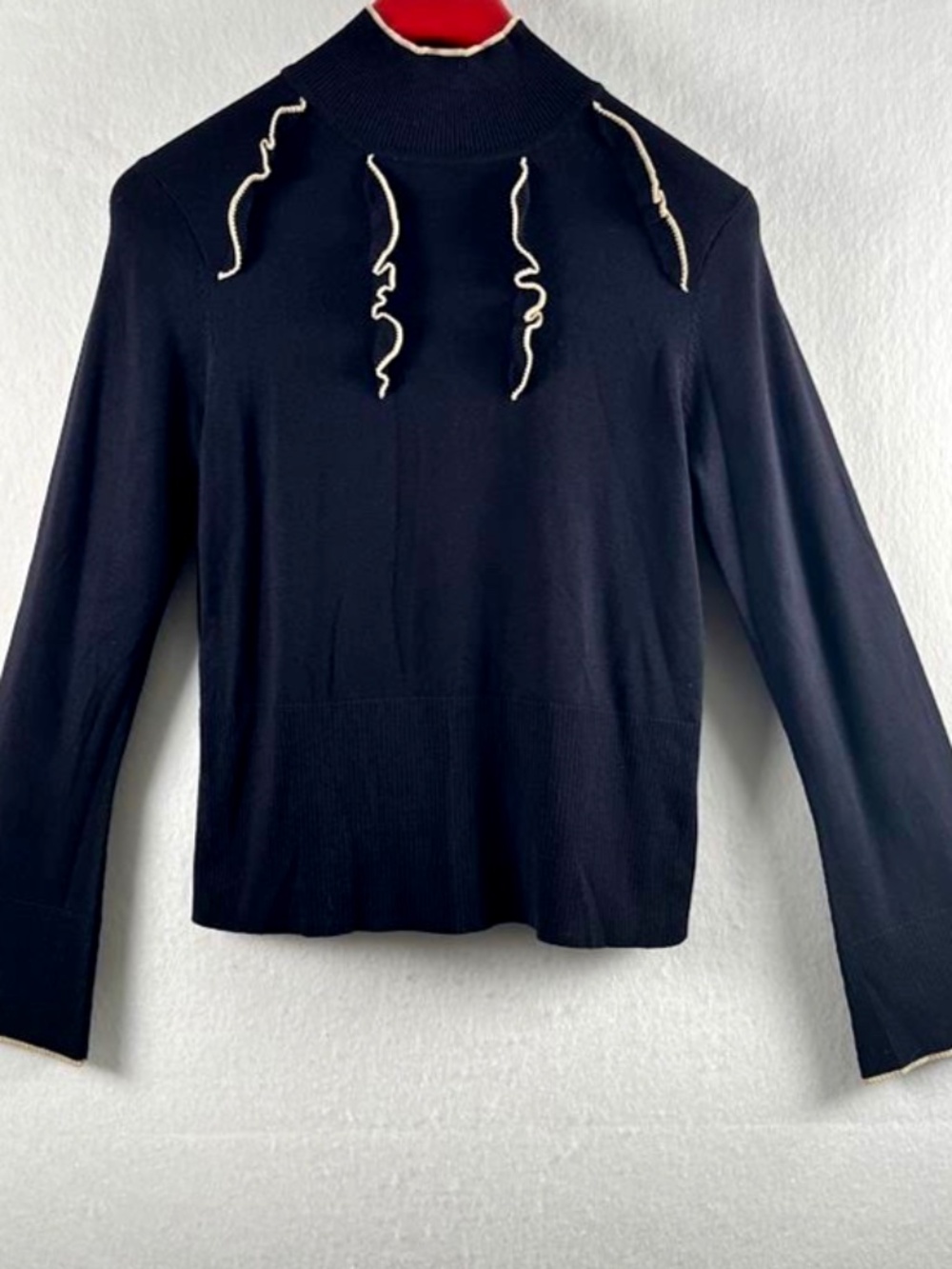 Max Studio Vintage Silk Blend Mock Neck Ruffle Contrast Trim Sweater Black M